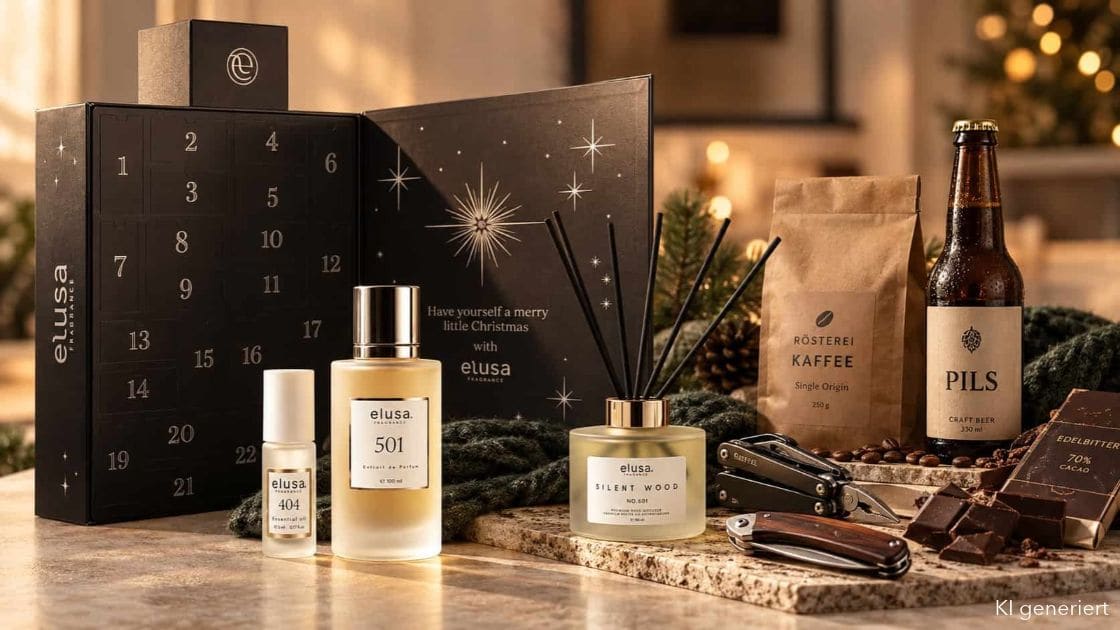 Parfum Adventskalender für Männer mit geöffneten Türchen und Flakons